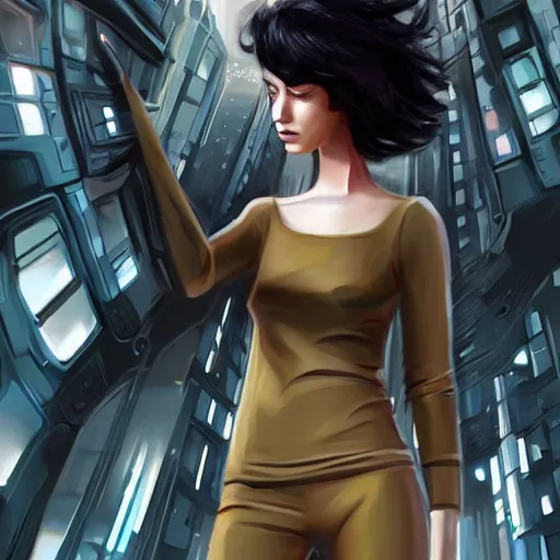 Image similar to scifi art by greg rutkowsky, a very tall and slim girl with black bob hair with two strands around her face, wearing a oversized jumper jumpsuit, walking through a futuristic city, scifi environment, highly detailed portrait, digital painting, artstation, concept art, smooth, sharp foccus ilustration, artstation hq