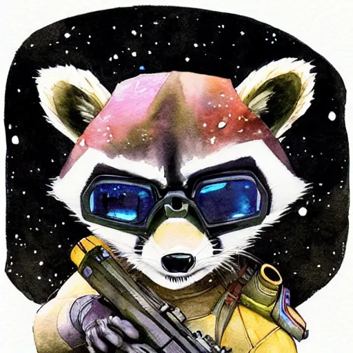 Image similar to racoon holding a laser gun, guardians of the galaxy style, centered award winning watercolor pen drawing, by caroline choi, edited by range murata