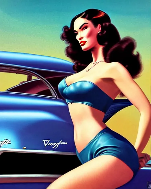 Prompt: gta v, low angle shot, beautiful retro space megan fox varga girl posing on a car in diesel punk city, windblown dark hair, retro pinup model, seductive, 1 9 4 0, hyper detailed, digital art, smooth, sharp focus, gil elvgren, anna dittmann alberto vargas,