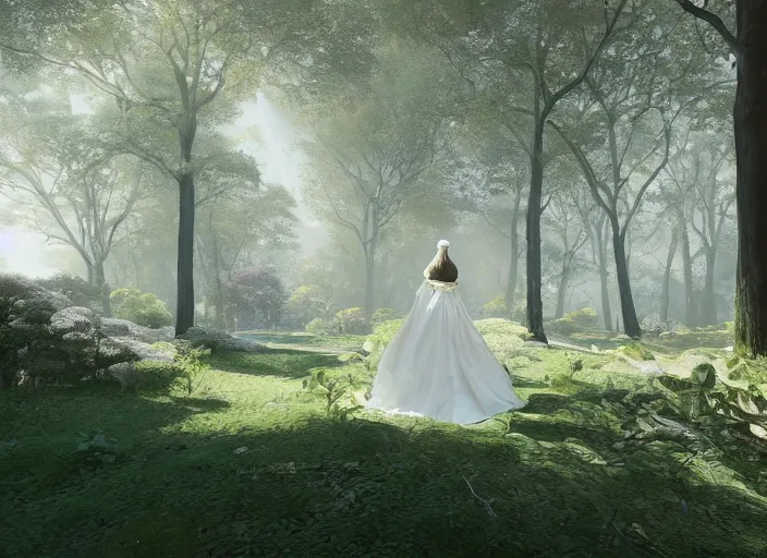 Image similar to a woman dressed in a white dress, seen from behind, in a magical forest, painted by, mc escher, gordon onslow ford, georgia o'keeffe and ivan aivazovsky, cinematic light, god rays, colourful, unreal engine, zbrush central,