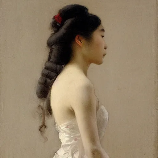 Prompt: asian girl with long hair, back view, wedding dress, by ramon casas