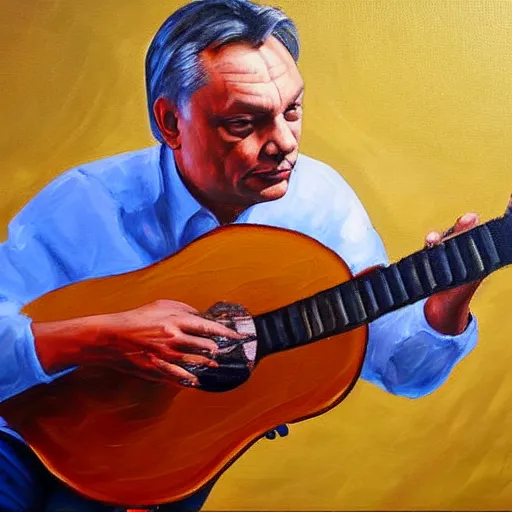 Image similar to viktor orban playing the guitar, oil painting