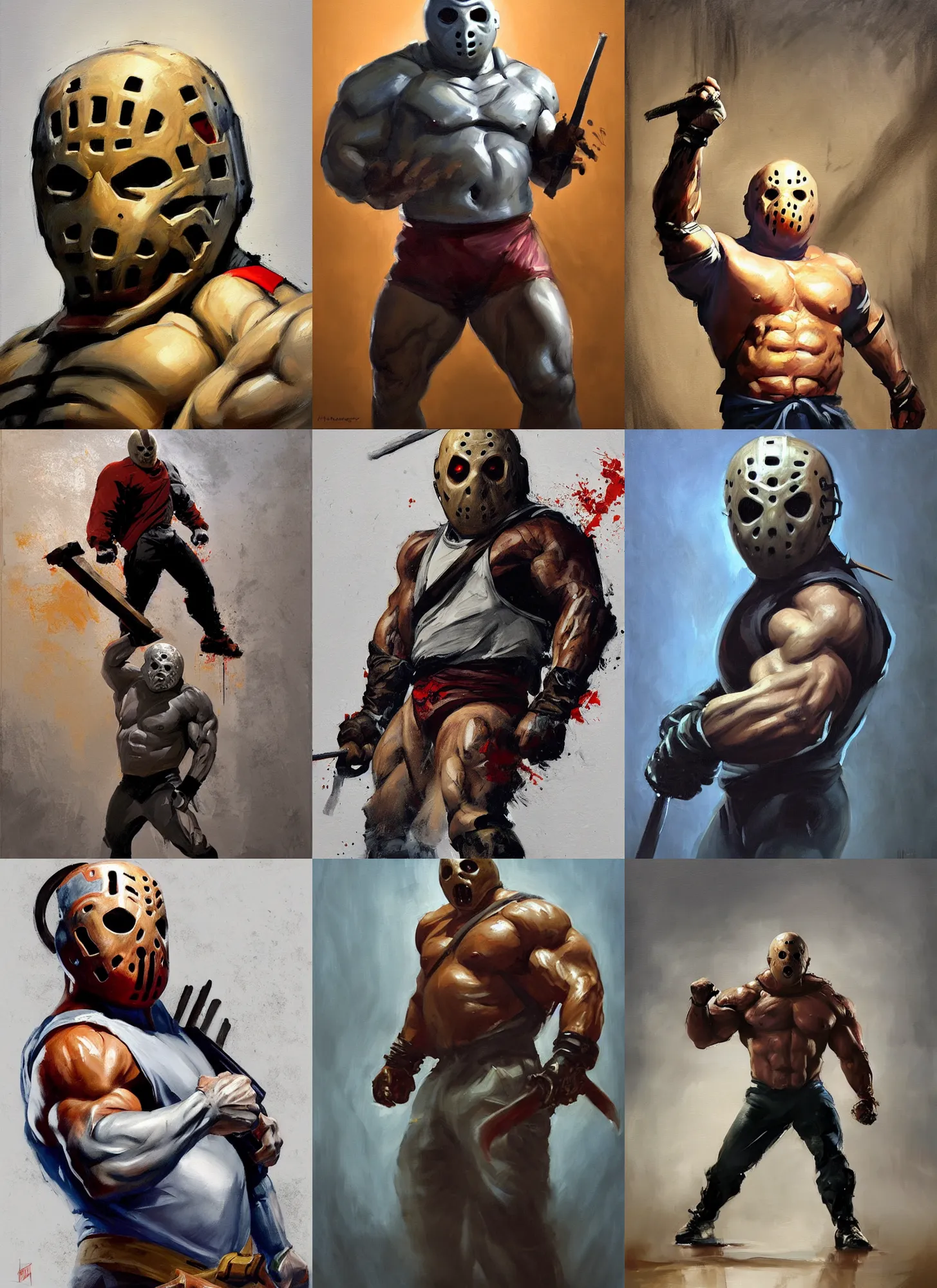 Prompt: greg manchess mid shot portrait painting of powerlifter muscular jason voorhees from evil dead mortal kombat as overwatch character, medium shot, asymmetrical, profile picture, organic painting, sunny day, matte painting, bold shapes, muscular, machete, hard edges, street art, trending on artstation, by huang guangjian and gil elvgren and sachin teng