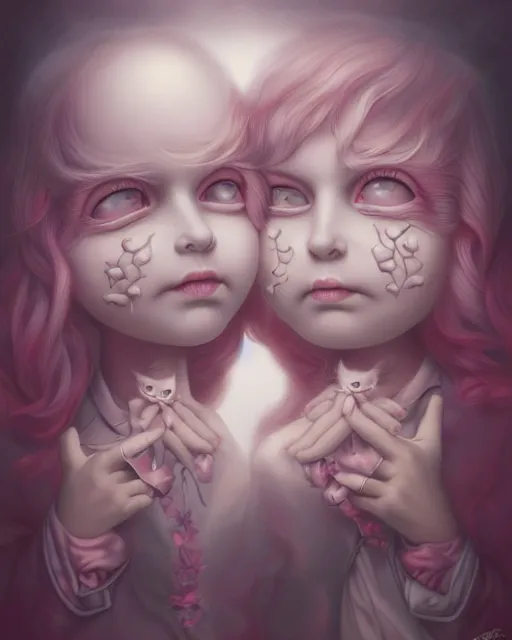 Prompt: Whimsically weird eerie portrait of twins by Mark Ryden and Cyril Rolando, pop surrealism, pastelwave, Hyperdetailed, stylized, cel shading, CGsociety, Artstation