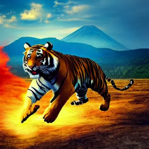 Image similar to A tiger running away from an erupting volcano