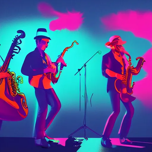 Prompt: a guitarist, sax player, drummer, and a keyboard player on stage with professional lighting. jazz. party. fun. abstract. oil paint. volumetric lighting. digital image. highly saturated. whimsical. digital art, octane, ue 5, 8 k, 4 k, hq, concept art