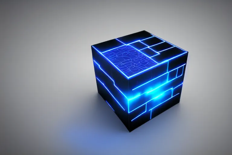 Prompt: a single Cyberpunk black and neon blue cube no background 4K 3D render desktopography HD Wallpaper digital art