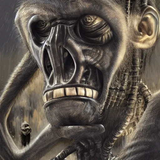 Image similar to Steam computer in ancient time surrounded by apes, highly detailed, highly realistic, artstation, by Hans Giger