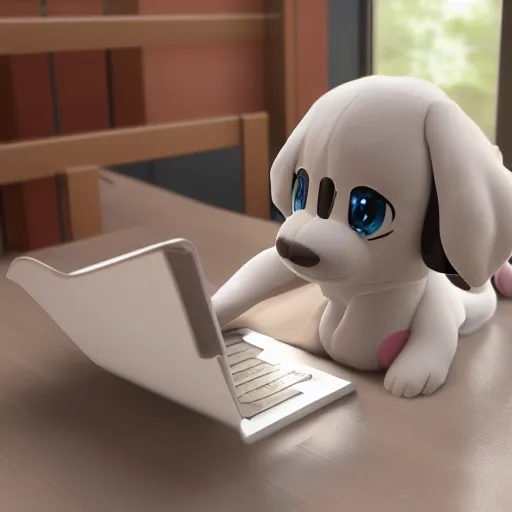 Image similar to cute fumo plush of a dog girl typing on a phone, anime girl, vray