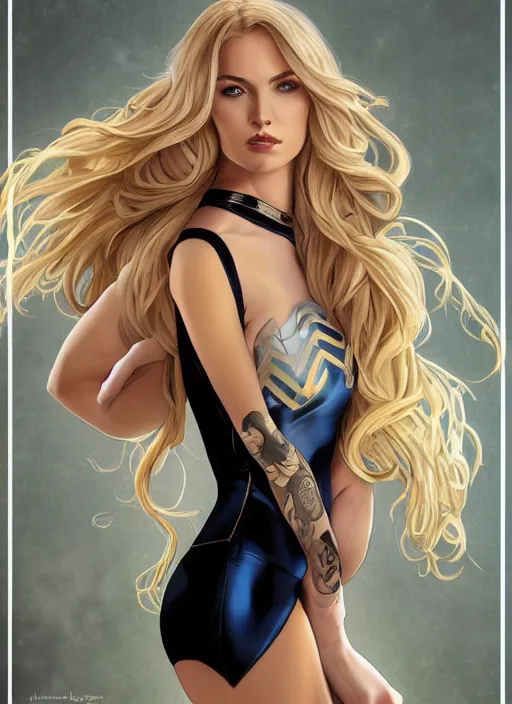 Image similar to portrait of slim young woman mischievous face and long blonde wavy hair dressed as a superhero in her early twenties, posing with her arms tucked behind her back, black canary, tight fit leotard, curvaceous, intricate detailed face, shiny, art by joshua middleton and greg rutkowski and alphonse mucha, dramatic lighting, unreal engine, 8 k