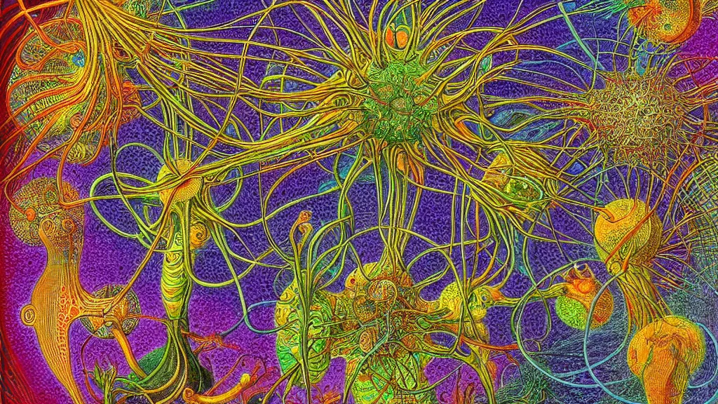 Prompt: quantum connections represented as symbiotic organisms like cells playing around with colorful lights by ernst haeckel, liquid