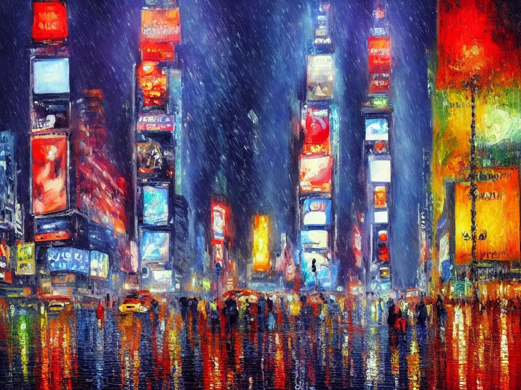 Prompt: Times Square on a rainy night, oil painting, in the style of Claude Monet, Impressionism, thick brush strokes, vivid colors, breathtaking, masterpiece, trending on ArtStation