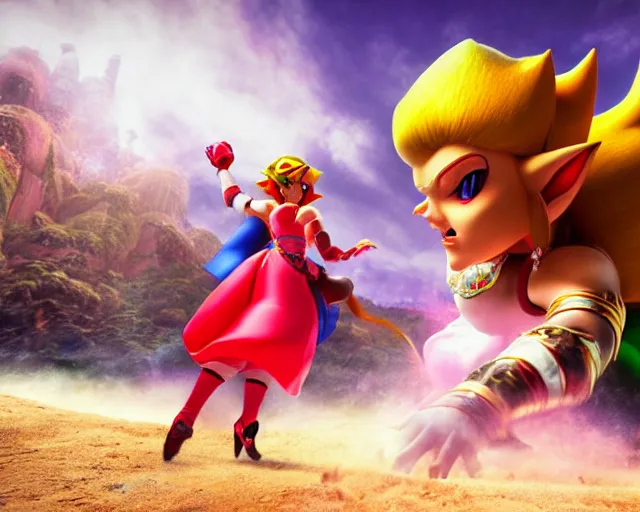 Image similar to princess peach fighting ganondorf, hyper realistic, cinematic, long shot, hyper detailed, 8 5 mm photograph, 8 k resolution, film still, sharp lens, wide lens