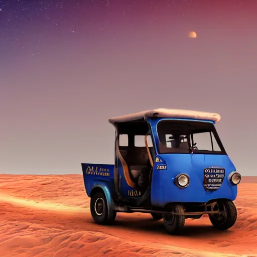 Image similar to a bajaj tuk tuk traveling on the surface of the moon, moon craters, night sky, milky way, hard lighting, matte painting, concept art, 4k