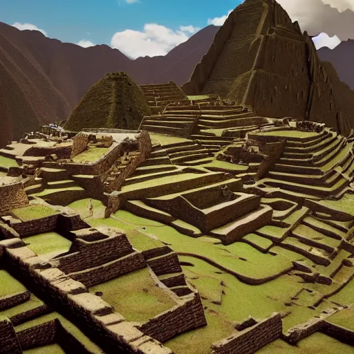 Image similar to super wide angle cinematic shot of an ancient incan city on a festive day, unreal engine, masterpiece