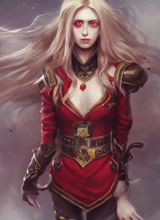 Image similar to a highly detailed illustration of beautiful long dirty blonde haired pale girl wearing red epaulette uniform, red eyes, dramatic seductive pose, intricate, elegant, highly detailed, centered, digital painting, artstation, concept art, smooth, sharp focus, league of legends concept art, WLOP