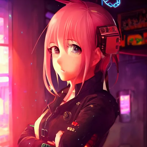 Image similar to Cute Anime Girl in a cyberpunk city bar, fully clothed, beautiful face, fantasy, medieval, vivid colors, elegant, concept art, sharp focus, digital art, Hyper-realistic, 4K, Unreal Engine, Highly Detailed, HD, Dramatic Lighting by Brom, trending on Artstation