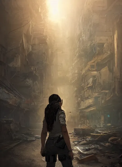 Image similar to portrait of a survivalist woman in a post apocalyptic city at dawn, beautiful intricate digital concept art trending on artstation, soft light