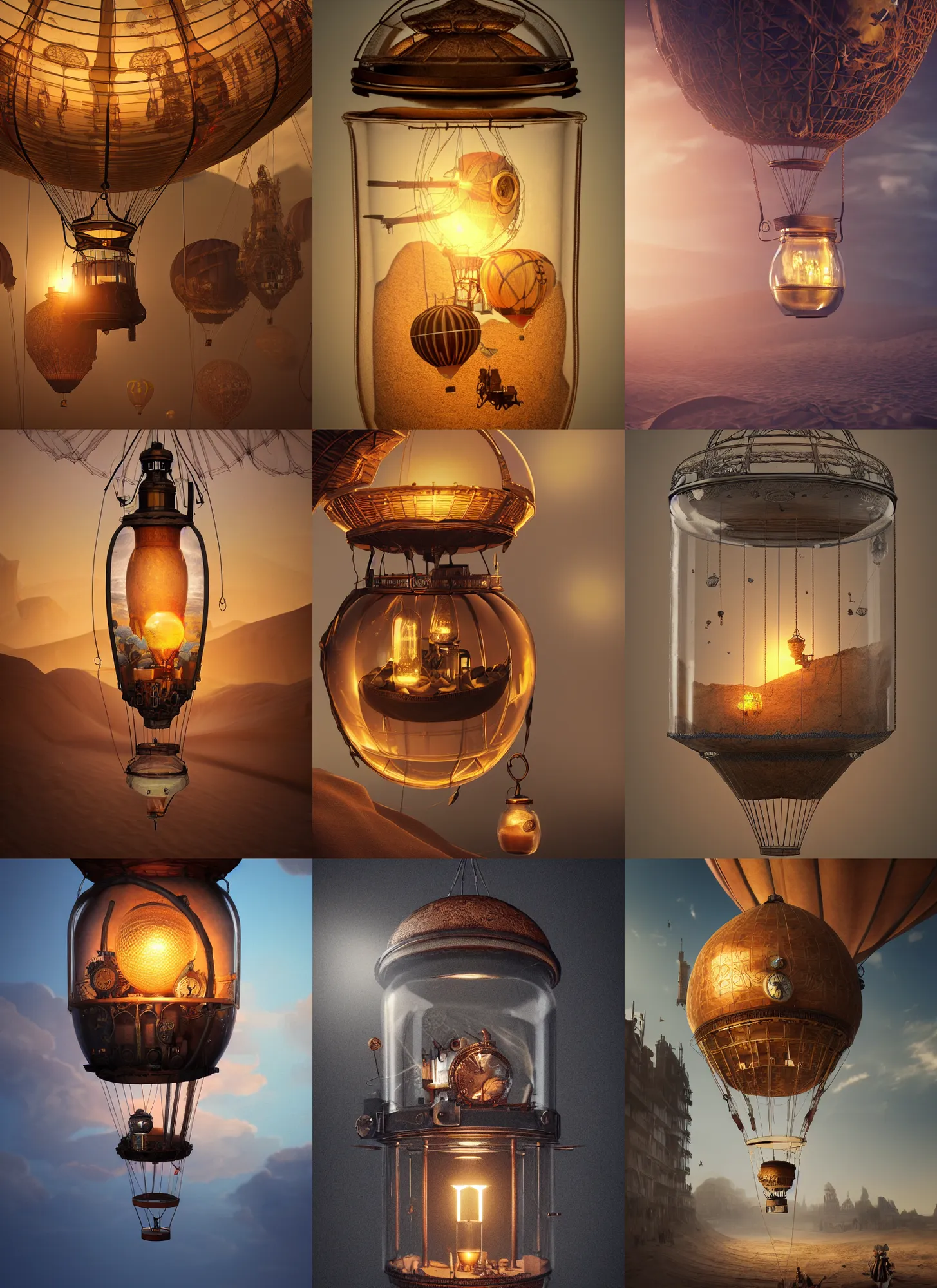 Prompt: steampunk hot air balloon inside a glass jar buried in sand, intricate detail, volumetric lighting, epic composition, hyper detailed, ultra realistic, sharp focus, octane render, volumetric, ray tracing, artstation trending, cgsociety, sense of awe, swirling mist, 4 k