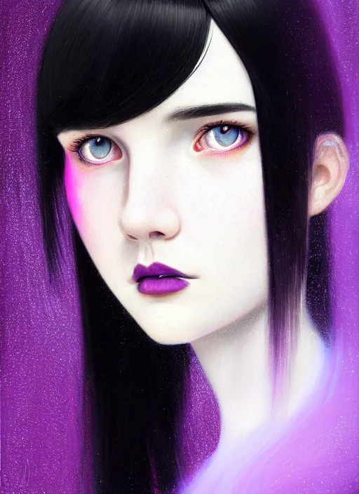 Image similar to portrait of teenage girl with white bangs, red irises, black hair, purple clothes, white bangs, bangs are different color from hair, intricate, front of hair is white rest is black, elegant, glowing lights, highly detailed, digital painting, artstation, concept art, smooth, sharp focus, illustration, art by wlop, mars ravelo and greg rutkowski