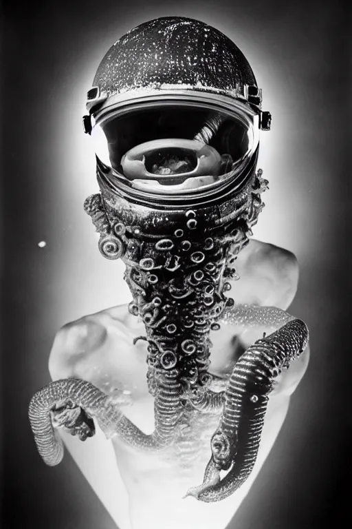 Prompt: extremely detailed studio portrait of space astronaut, alien tentacle protruding from eyes and mouth, slimy tentacle breaking through helmet visor, shattered visor, full body, soft light, disturbing, shocking realization, hyper detailed, award winning photo by letizia battaglia