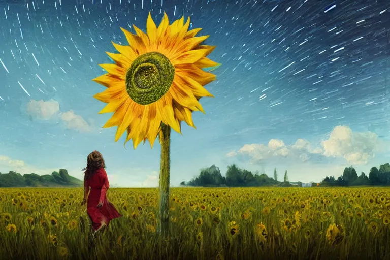 Image similar to giant sunflower as a head, girl walking in wheat field, hills, surreal photography, dark night, star trails, dramatic light, impressionist painting, clouds, digital painting, artstation, simon stalenhag