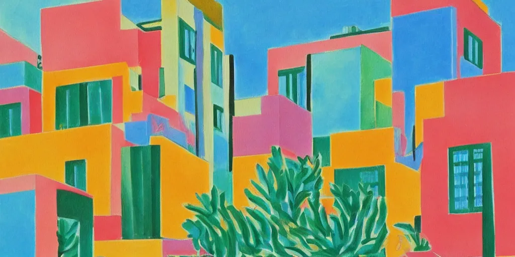 Prompt: colorful painting of tel aviv bauhaus architecture in the style of henri matisse