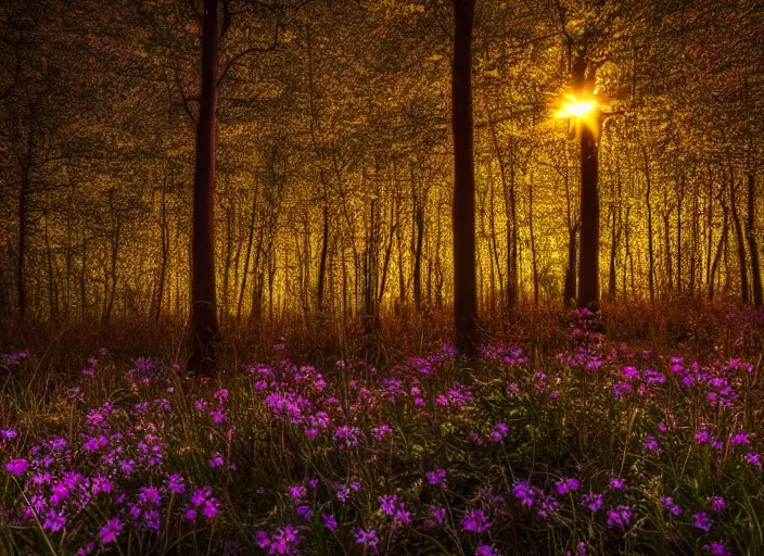 Prompt: a magical forest with delicate flowers that glow in the dusk, close up, bokeh,