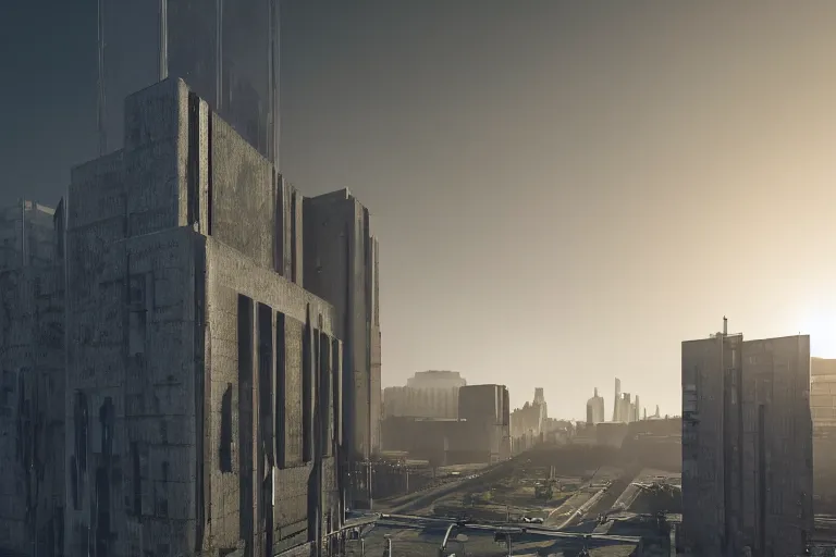 Image similar to streetscape, a towering cathedral of brutalist architecture, buildings covered with greebles, stunning volumetric light, sunset, metal, concrete and translucent material, stunning skies, majestic landscape, trending on Artstation, 8k, photorealistic, hyper detailed, unreal engine 5, IMAX quality, cinematic, epic lighting, in the style of Greg Rutkowski