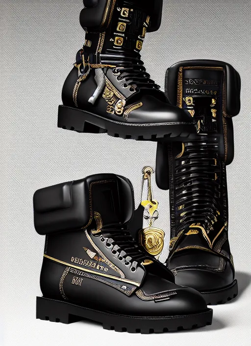 Image similar to hyperrealistic and heavy detailed product photo versace boot of judge dredd, in front of white back drop, whole shoe is in picture, leica sl 2 5 0 mm, vivid color, high quality, high textured, real life
