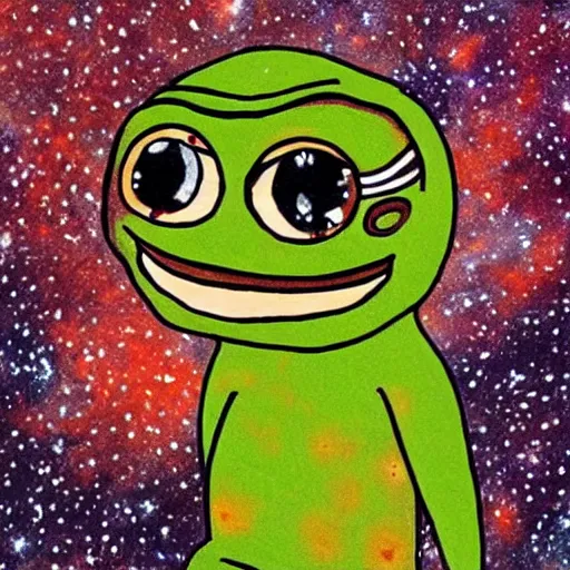 Prompt: cave painting of pepe the frog with star and galaxies