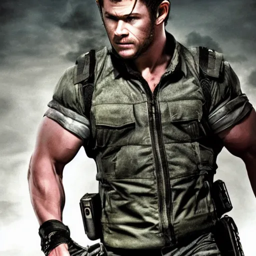 Prompt: chris hemsworth as chris redfield, 4 k, high detail, high - resolution photograph, professional photography, ultra - detail, resident evil