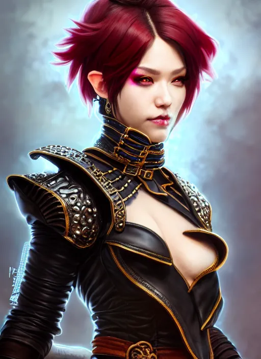 Image similar to rogue, fantasy ornate leather bandit outfit!!! close - up portrait beautiful and athletic short hair female!! gorgeous face and eyes!! character concept art, sharp focus, octane render! unreal engine 5! highly rendered!! trending on artstation!! detailed linework!! illustration by artgerm, wlop, and chie yoshii