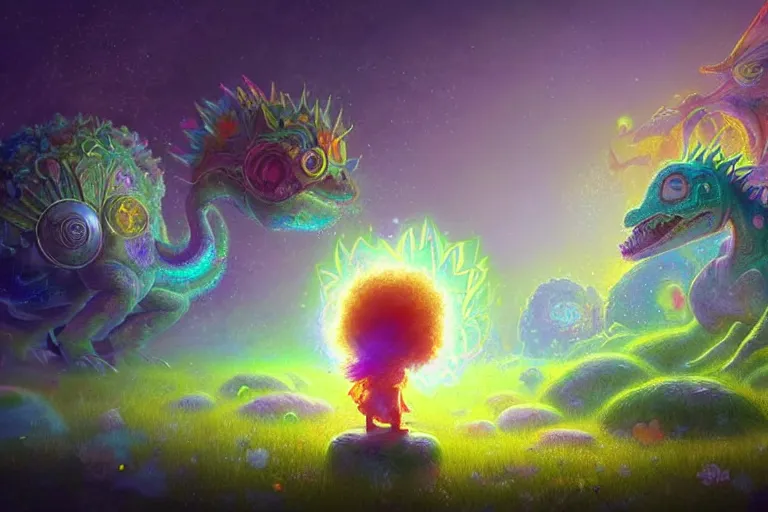 Prompt: a psychedelic realm made entirely out of love and acceptance, astral beings sharing love. filled with cute smiling glowing chibi style pixar baby dinosaurs in the style of greg rutkowski! and wlop and lisa frank! and bob ross!!! and ruan jia, illustration, epic, fantasy, hyper detailed, smooth, unreal engine, sharp focus, ray tracing