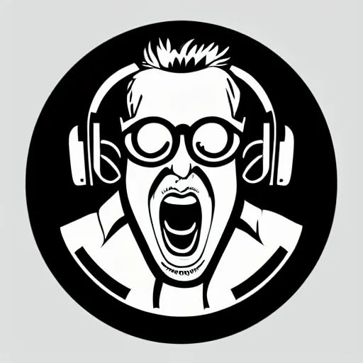 Image similar to svg vector sticker of absolutely insane-mad-scientist-villain, rocking out, wearing headphones, huge speakers, dancing, rave, DJ, spinning records, digital art, amazing composition, rule-of-thirds, award-winning, trending on artstation, featured on deviantart