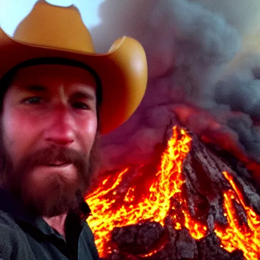 Prompt: a selfie taken by a cowboy in hell, surrounded by fire