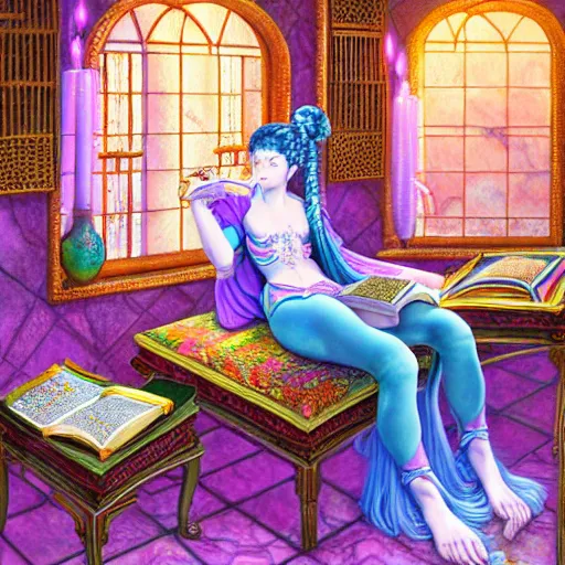 Image similar to a detailed fantasy pastel painting of a young wizard in ornate clothing lounging on a purpur pillow on the marble floor in front of her bookcase, studying an ancient tome. to the side is a potted plant and some blue candles. ancient oriental retrofuturistic setting. 4 k key art in the style yoshitaka amano. anatomically correct