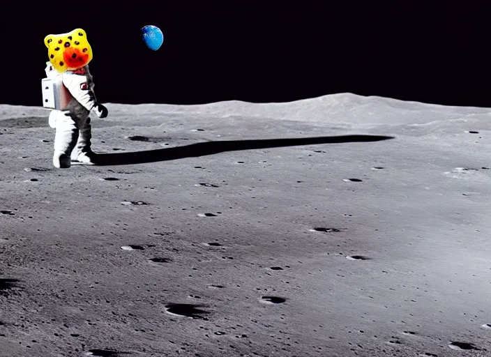 Image similar to a gummy bear walking on the moon staring back at a tiny earth, photorealistic, over the shoulder perspective, we can see earth far out in the distance