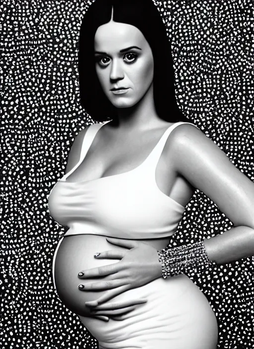 Image similar to cinematic photography of pregnant katy perry in a white crop top, intricate, elegant, highly detailed, smooth, sharp focus, symmetrical face, fine details, masterpiece, trending on artstation, 4 k hdr 3 5 mm photography