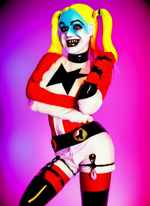 Prompt: kodak portra 4 0 0 of wendy's mascot wendy thomas as harley quinn, neon mood 8 k, soft light, volumetric lighting, highly detailed, 1 5 0 mm lens, elegant, vhs still photo realistic skin, backlit texture