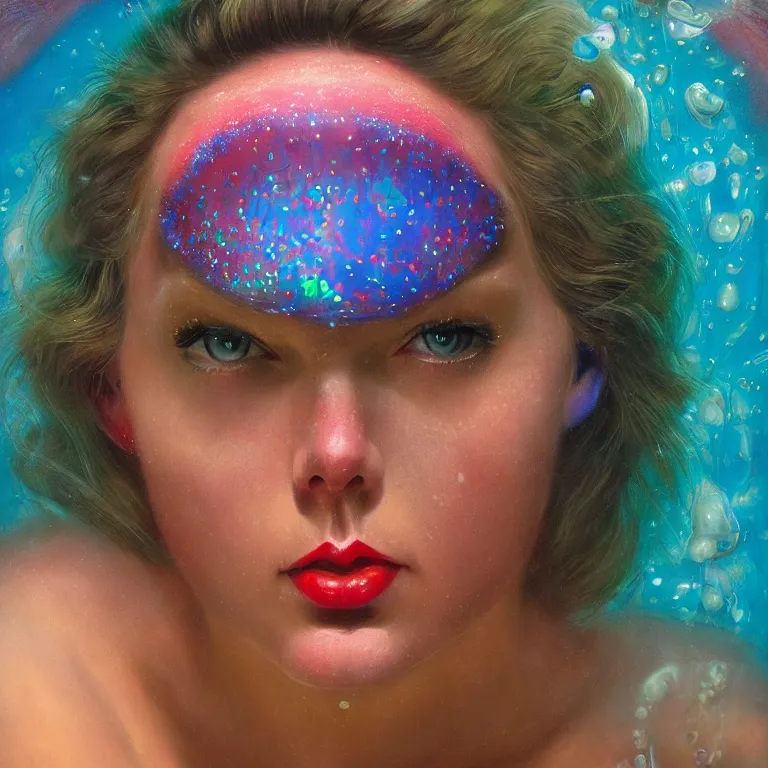 Prompt: Hyperrealistic intensely colored close up studio Photograph portrait of a deep sea bioluminescent Taylor Swift covered in chromatophores, symmetrical face realistic proportions eye contact, sitting in Her throne underwater, award-winning portrait oil painting by Norman Rockwell and Zdzisław Beksiński vivid colors high contrast hyperrealism 8k