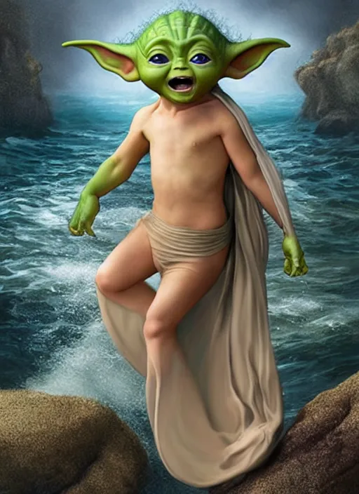 Image similar to full length photo of baby Yoda as a mermaid in the style of stefan kostic, full slim body, screaming. not realistic, sharp focus, 8k high definition, insanely detailed, intricate, elegant, art by stanley lau and artgerm