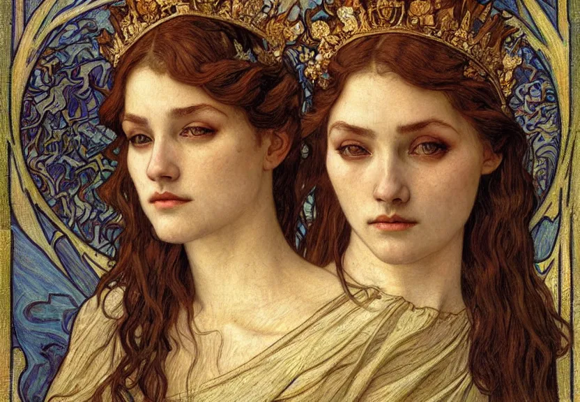 Image similar to detailed realistic beautiful young medieval queen face portrait by jean delville, alphonse mucha, vincent van gogh, and marco mazzoni, art nouveau, symbolist, visionary, gothic, pre - raphaelite
