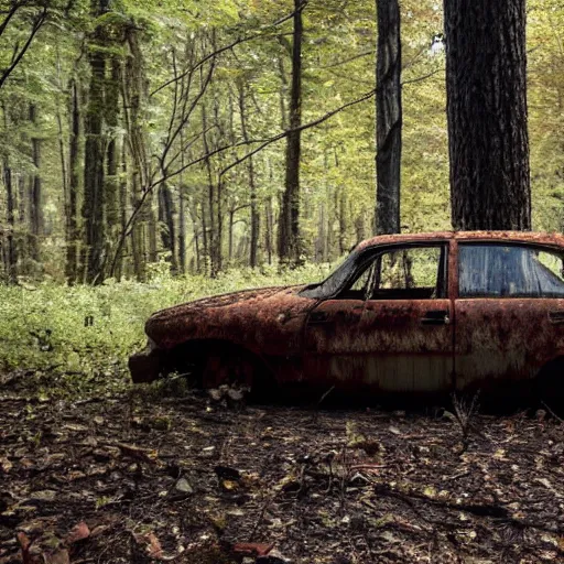 Prompt: a rusted old abandoned car in an eerie forest, sunlight seeping in through the trees, red mushrooms sprouting from the ground all around the car, a campfire to the side of the car, still smoldering