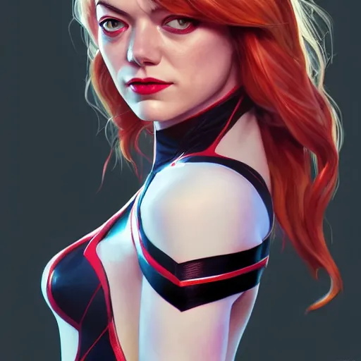 Image similar to beautiful Emma Stone as Spider-Gwen, western, closeup, D&D, fantasy, intricate, elegant, highly detailed, digital painting, artstation, concept art, matte, sharp focus, illustration, art by Artgerm and Greg Rutkowski and Alphonse Mucha