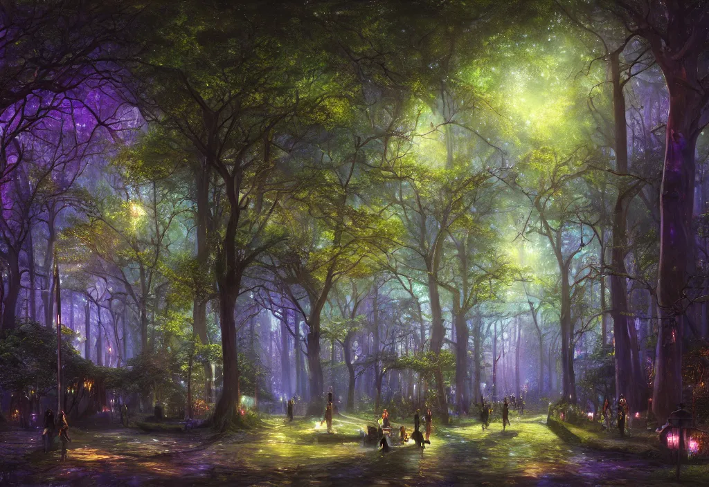 Prompt: Lothlorien at night, very dark with green lights, blue lights and purple lights, elven forest town with houses up in the trees, oil painting, dramatic lighting, Jakub Kasper, Makoto Shinkai, hyperrealistic, cinematic, elegant, intricate