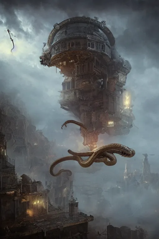 Prompt: Abstract tech action scene of a steampunk snake flying over ruins by night, horror, volumetric clouds and fog, focus, detailed, realistic eyes looking at camera, symmetric body features proportions, intricate details, award winning, unreal render, by Tom Bagshaw