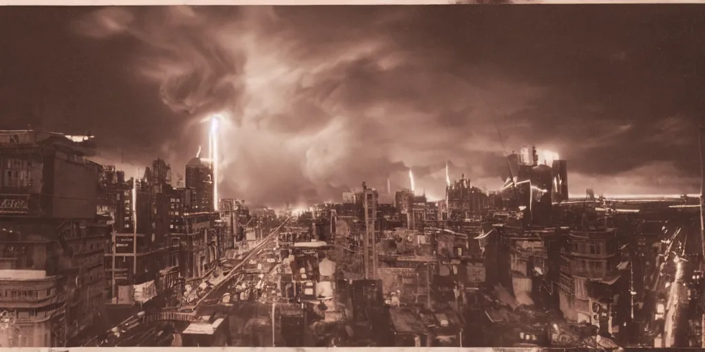 Prompt: vintage analog photograph of an explosion in a gigantic futurist city, in the style of gotham city, with gigantic clouds visible above the skycrapers, heavy film grain, neon lights, rain red color bleed, rich azure tones