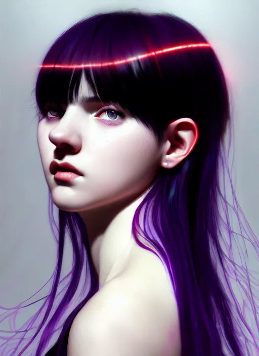 Prompt: portrait of teenage girl, red irises, bangs, black and white hair, white bangs, purple clothes, white bangs, bangs, black hair and white bangs, intricate, elegant, glowing lights, highly detailed, digital painting, artstation, concept art, smooth, sharp focus, illustration, art by wlop, mars ravelo and greg rutkowski