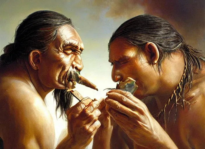 Image similar to a beautiful painting of an indigenous man blowing tobacco snuff into the nose of another man , fantasy art, matte painting, highly detailed